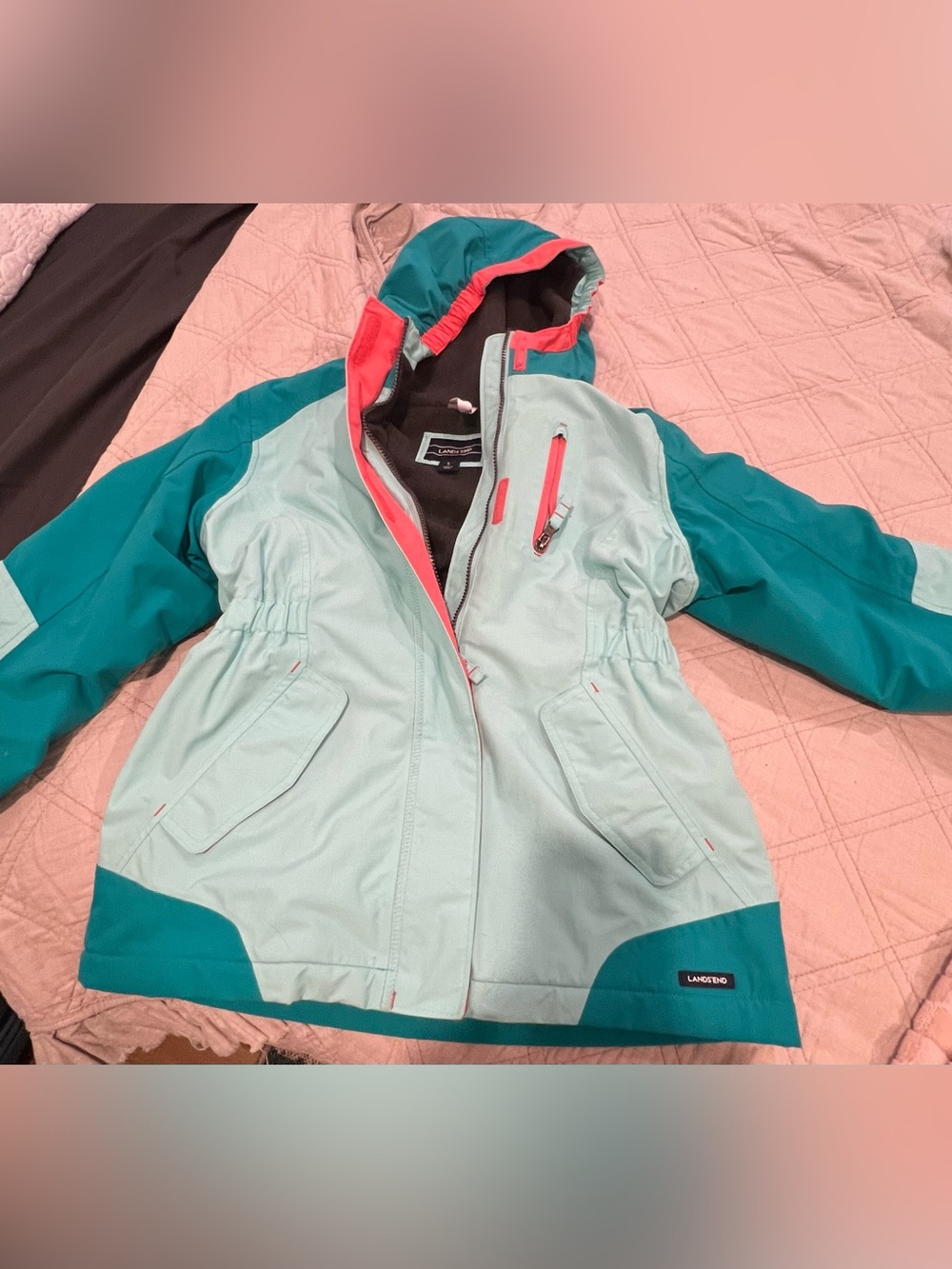 Lands' End Girls Teal & Light Mint Hooded Ski Jacket l L